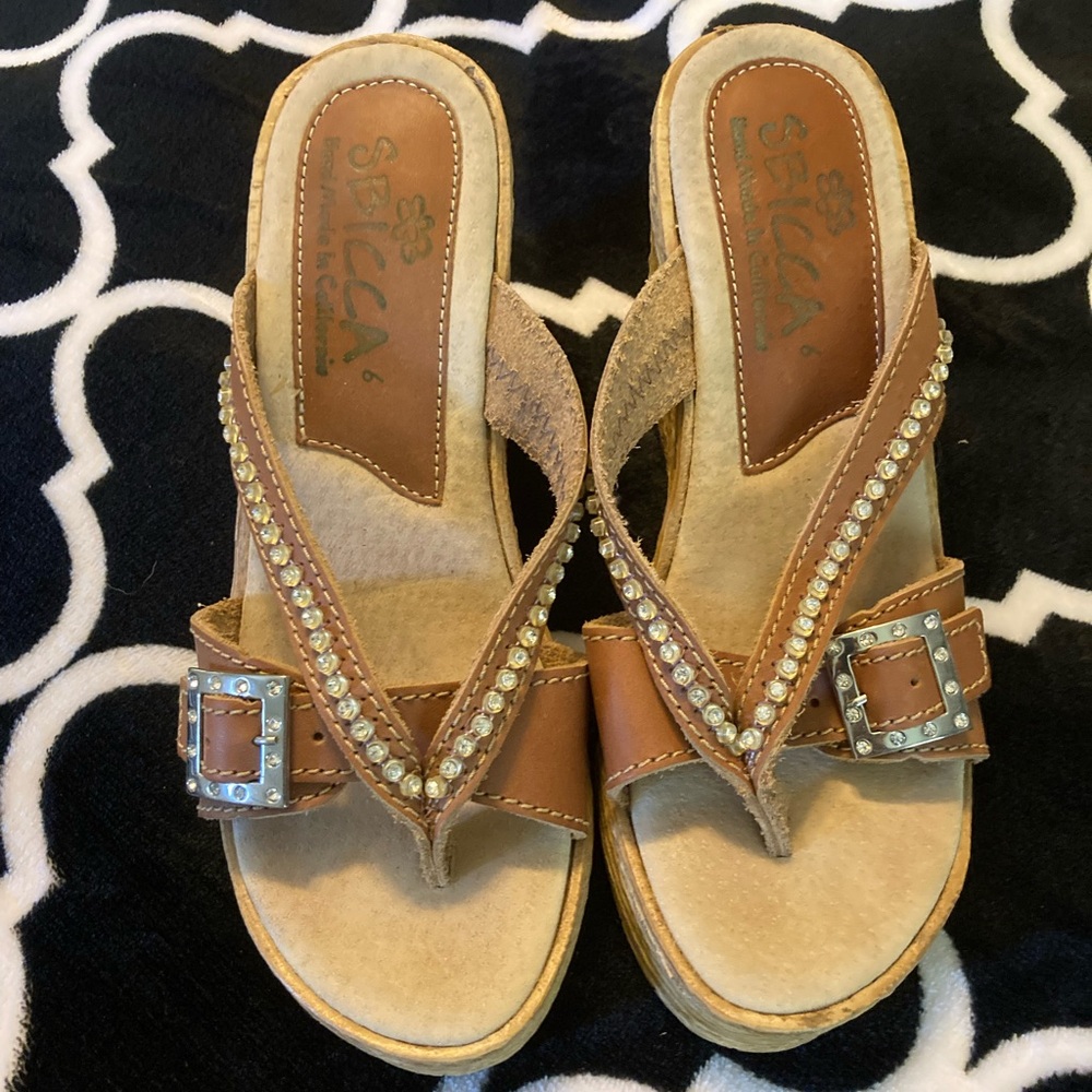 Sbicca Tan Sandals with Rhinestone Buckles